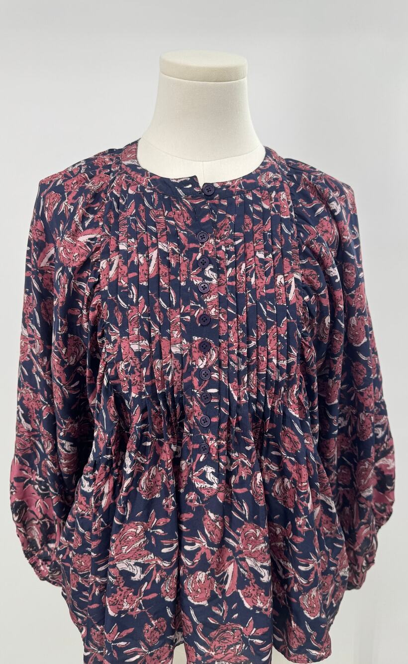 Apiece Apart Navy Pink Floral Silk Blouse Pleated Flowy Top 4 Small